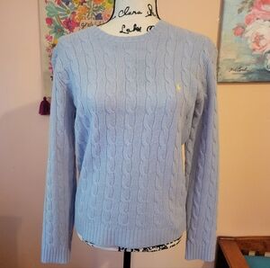 Ralph Lauren Light Blue Cable Knit Crew Neck 100% Lambswool Polo Sweater, S, EUC